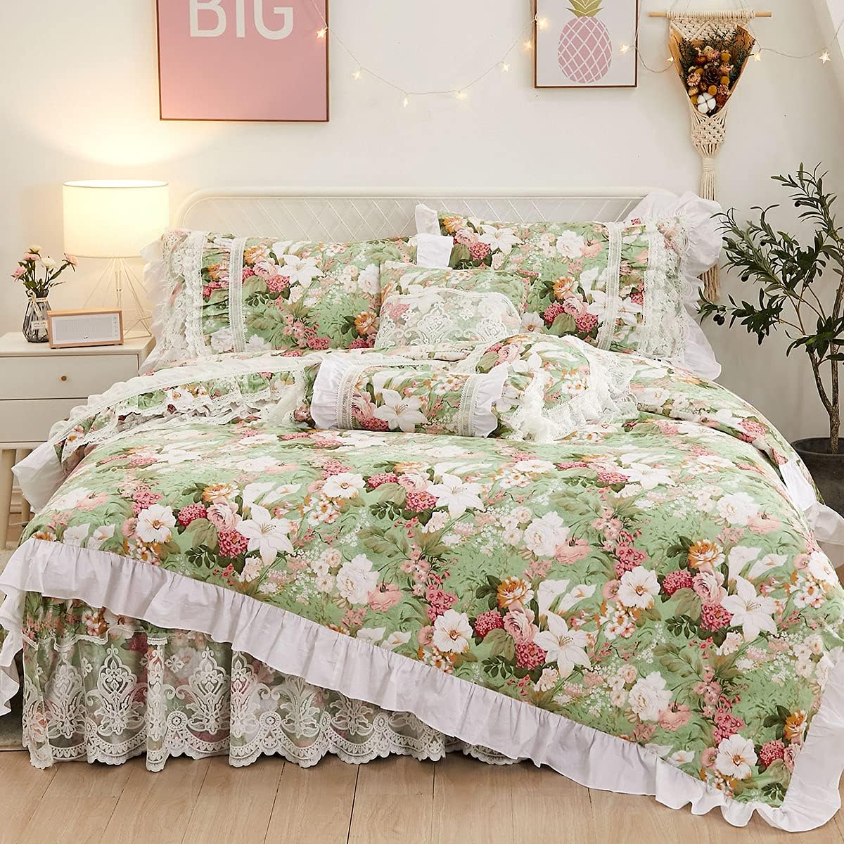 FADFAY French Country Bedding Set Queen Cotton Floral Duvet Cover 4 Piece- White Lace Luxury Princess Farmhouse Dust Ruffle 18'' Split Corner Bed Skirt