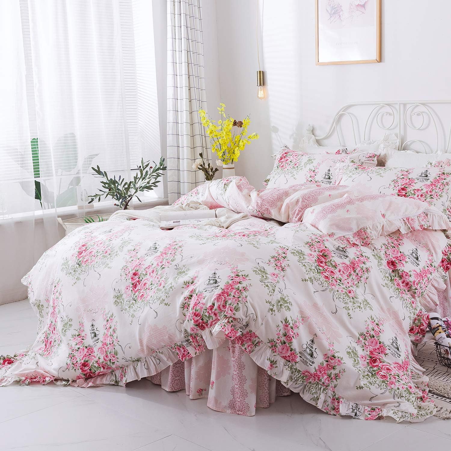 FADFAY Duvet Cover Set Queen Elegant and Shabby Pink Rosette Floral Bedding with Hidden Zipper Closure 100% Cotton with Floral Bedskirt 4 Pieces Queen Size