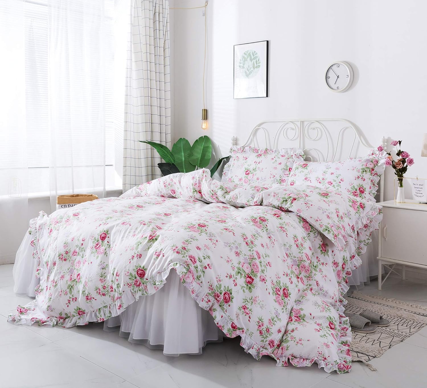 FADFAY Elegant and Shabby Duvet Cover Floral Bedding Set Bulgaria Rose with Sheer Bedskirt Exquisite Craft 100% Cotton,Queen Size 4 Pieces