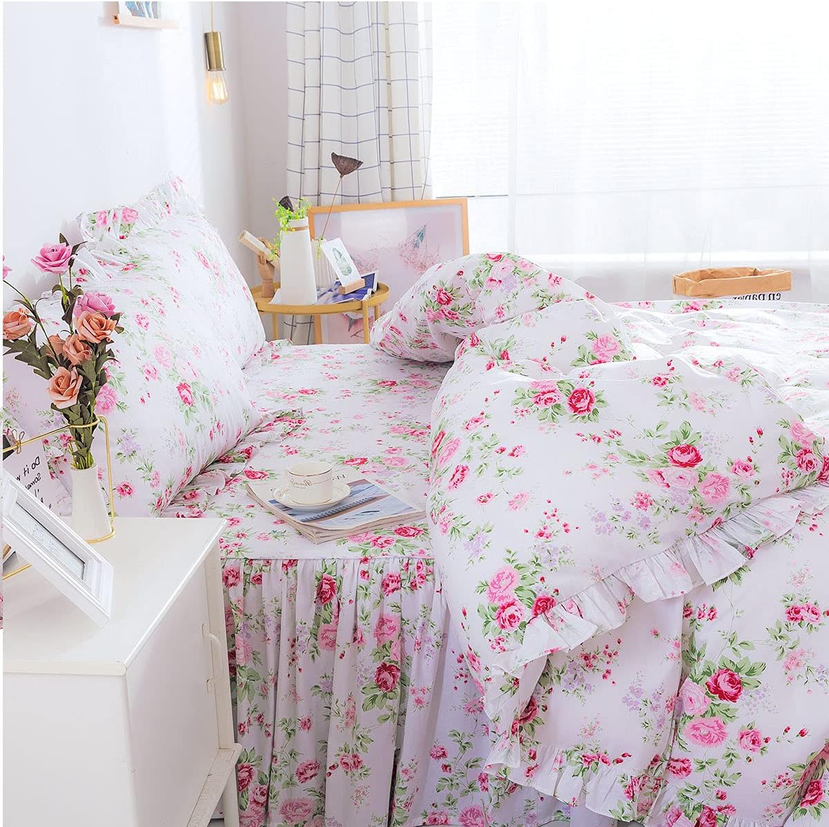 FADFAY Romantic Floral Bedding Set 4 Piece Premium 100% Cotton Pink Rose Print Bedding Ruffle Bedskirt Zipper Duvet Cover Cottage Bedding Queen Super Soft Women Girls Bedroom Decor