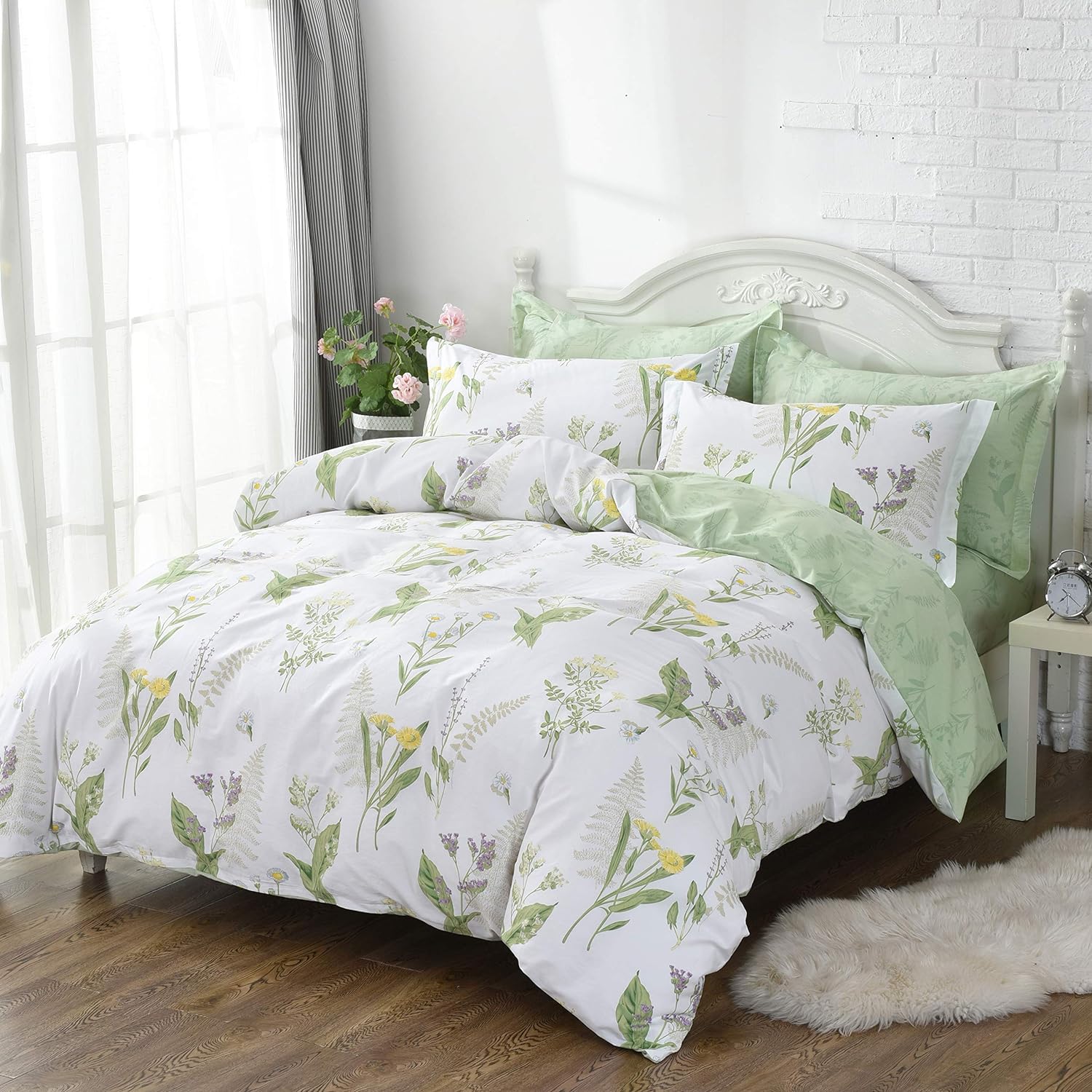 FADFAY Duvet Cover Set Cal King 4-Pcs Shabby Daisy and Lavender Flowers 100% Cotton Hidden Zipper Closure with Green Deep Pocket Fitted Sheet 4 Pieces Cal King Size