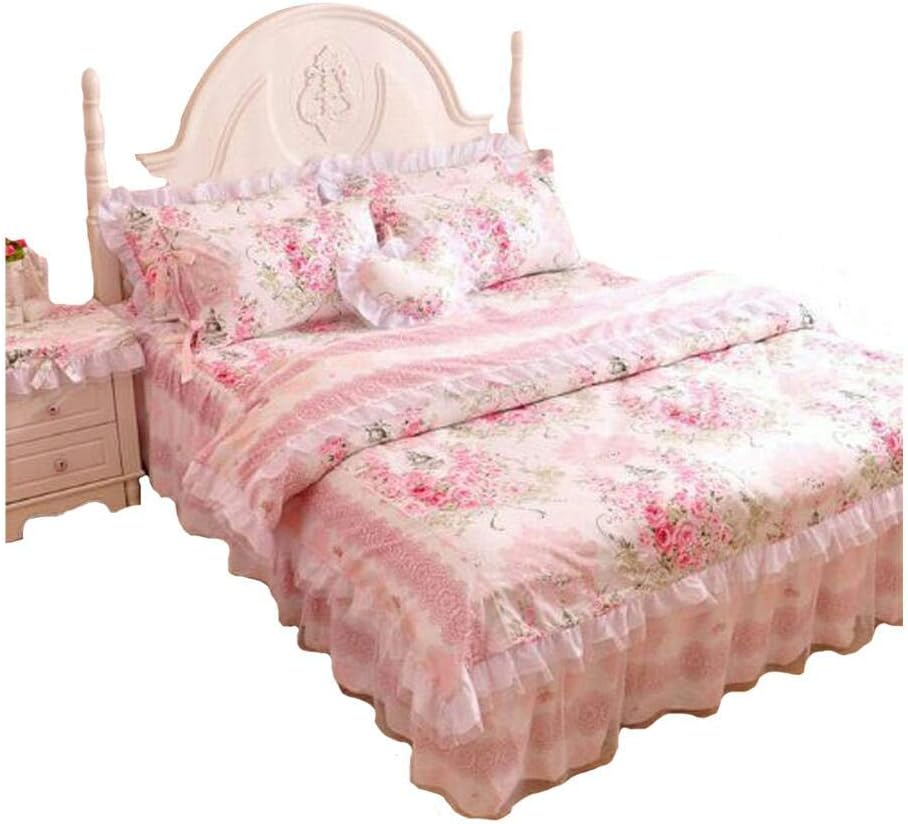 FADFAY,Romantic Flower Print Bedding Set,Floral Bed Set,Princess Lace Ruffle Duvet Cover King Queen Twin,4Pcs (Queen)