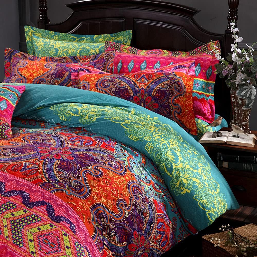 FADFAY Exotic Boho Duvet Cover Set King/California King 100% Brushed Cotton Soft Bohemian Bedding Red Teal Mandala Printed Bedding Reversible Striped Zipper Bed Comforter Cover + 2 Pillowshams