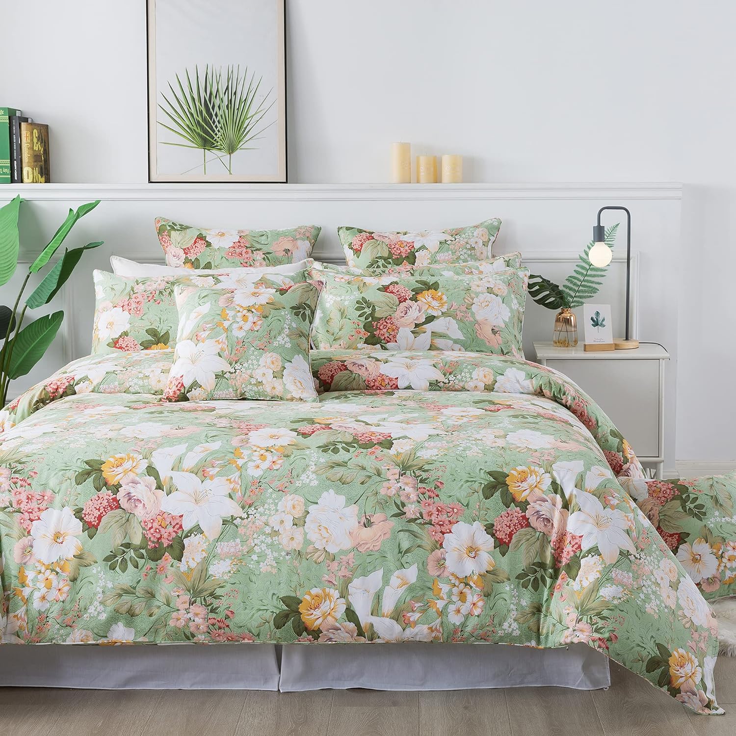 FADFAY Floral Duvet Cover Set Full 100% Cotton Girls Bedding 600 TC Mint Green and White Flower Elegant Lily Printed Comforter Cover Zipper Corner Ties Soft Bed Cover 3 Pcs