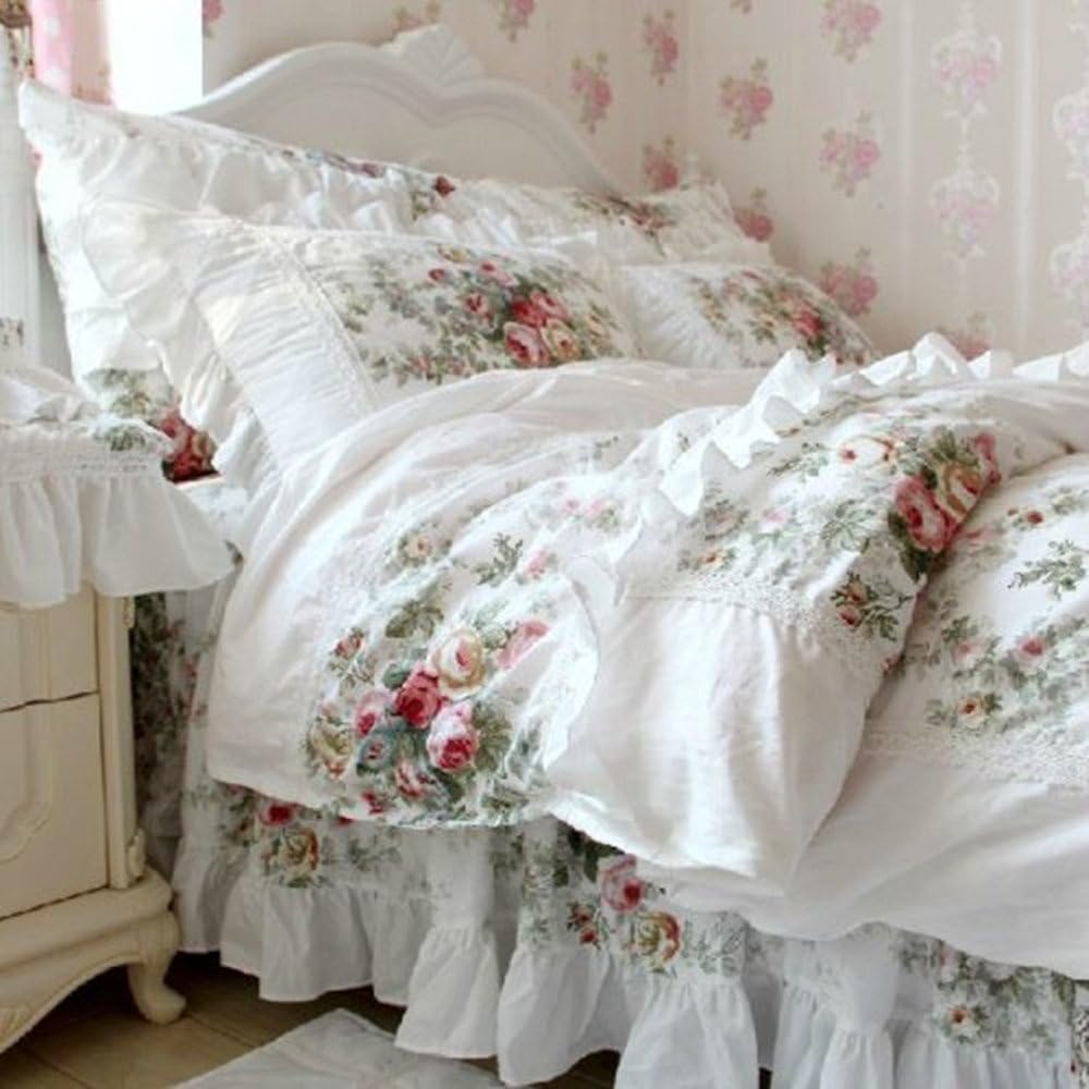 FADFAY Farmhouse Bedding Duvet Cover Set Elegant and Shabby Vintage Rose Floral Lovely White Lace and Ruffle Style Bedskirt Exquisite Craft 100% Cotton,Queen Size 4-Pieces