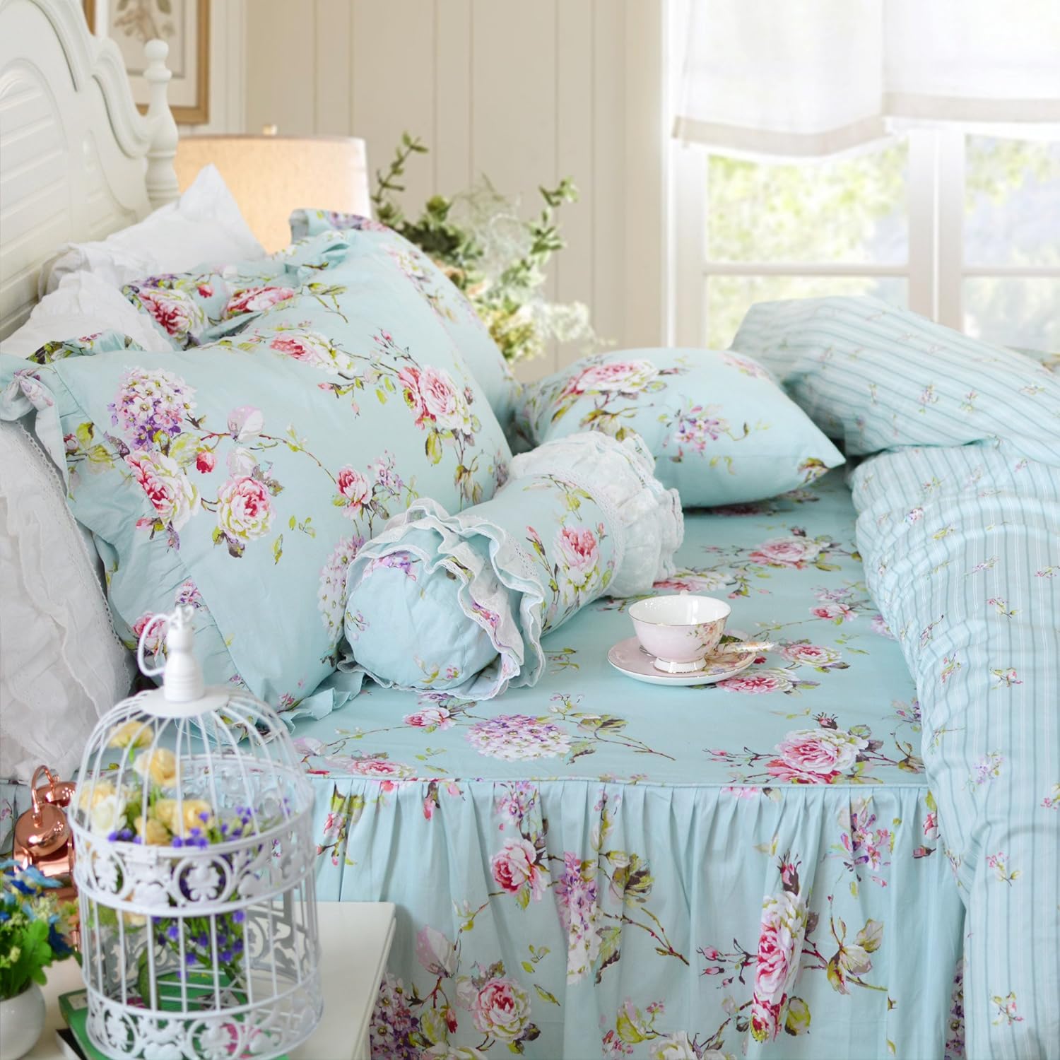 FADFAY Shabby Floral Bedding Full Size Premium 100% Cotton Vintage Hydrangea Pint Duvet Cover Set with Bedskirt French Country Style with Ruffle 4 Pcs1 Bedskirt1 Duvet Cover2 Pillowshams