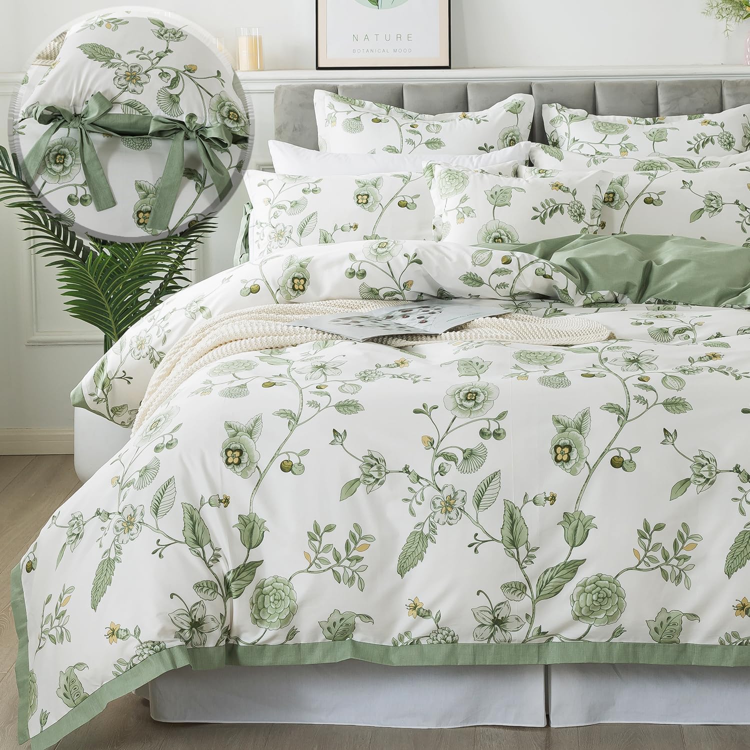 FADFAY Green Duvet Cover Set Queen Floral Bedding 100% Cotton Shabby Vintage Reversible Zipper Farmhouse Comforter Cover Flower Print Bed Covers Girls Pretty Bowknot Soft Breathable 3Pcs