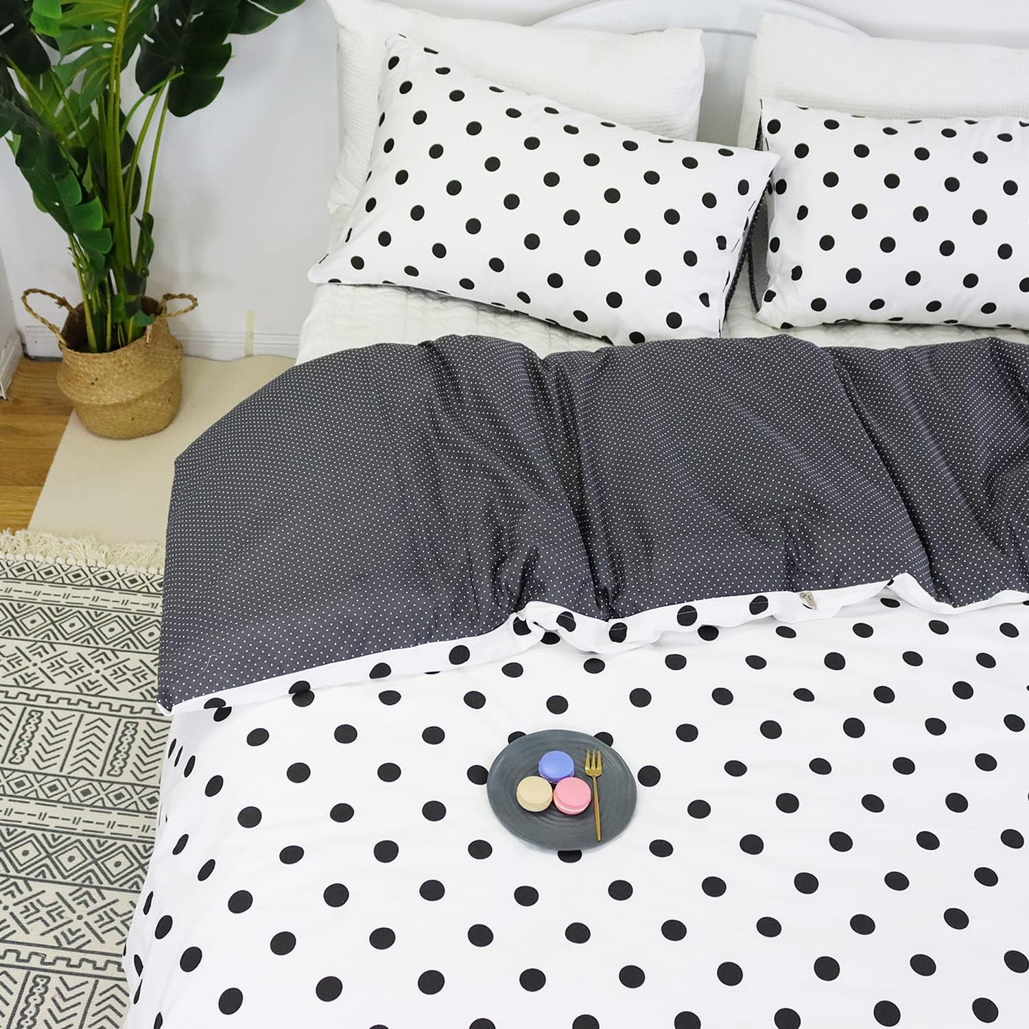 FADFAY Polka Dots Patterned Duvet Cover Set Full Size 100% Cotton Black and White Bedding Reversible Grey Zipper Comforter Cover Luxury Soft Breathable Circle Geometric Modern Bedding 3Pcs, Full