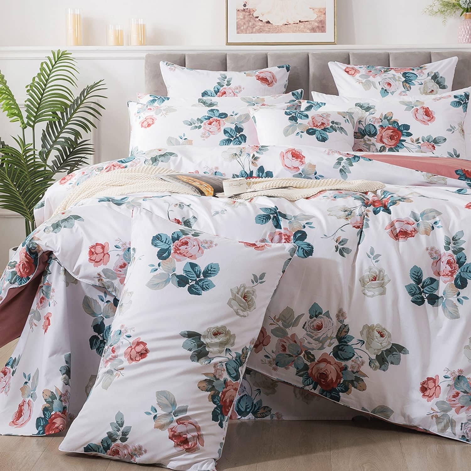 FADFAY Duvet Cover Set Floral Bedding Twin 100% Cotton 600 TC Pink Rose Flower Print White Reversible Zipper Comforter Cover Ultra Soft Breathable Girls Kids Farmhouse Bedding Set 3Pcs- No Comforter