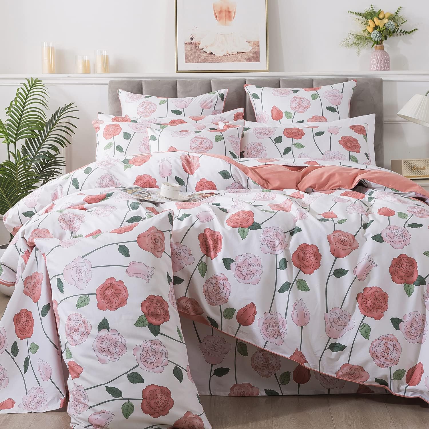 FADFAY Duvet Cover Set Pink Rose Floral Bedding Twin 100% Cotton 600 TC Minimalist Flower Print Reversible Zipper Comforter Cover Soft Breathable Girls Kids Farmhouse Bedding Set 3Pcs- No Comforter