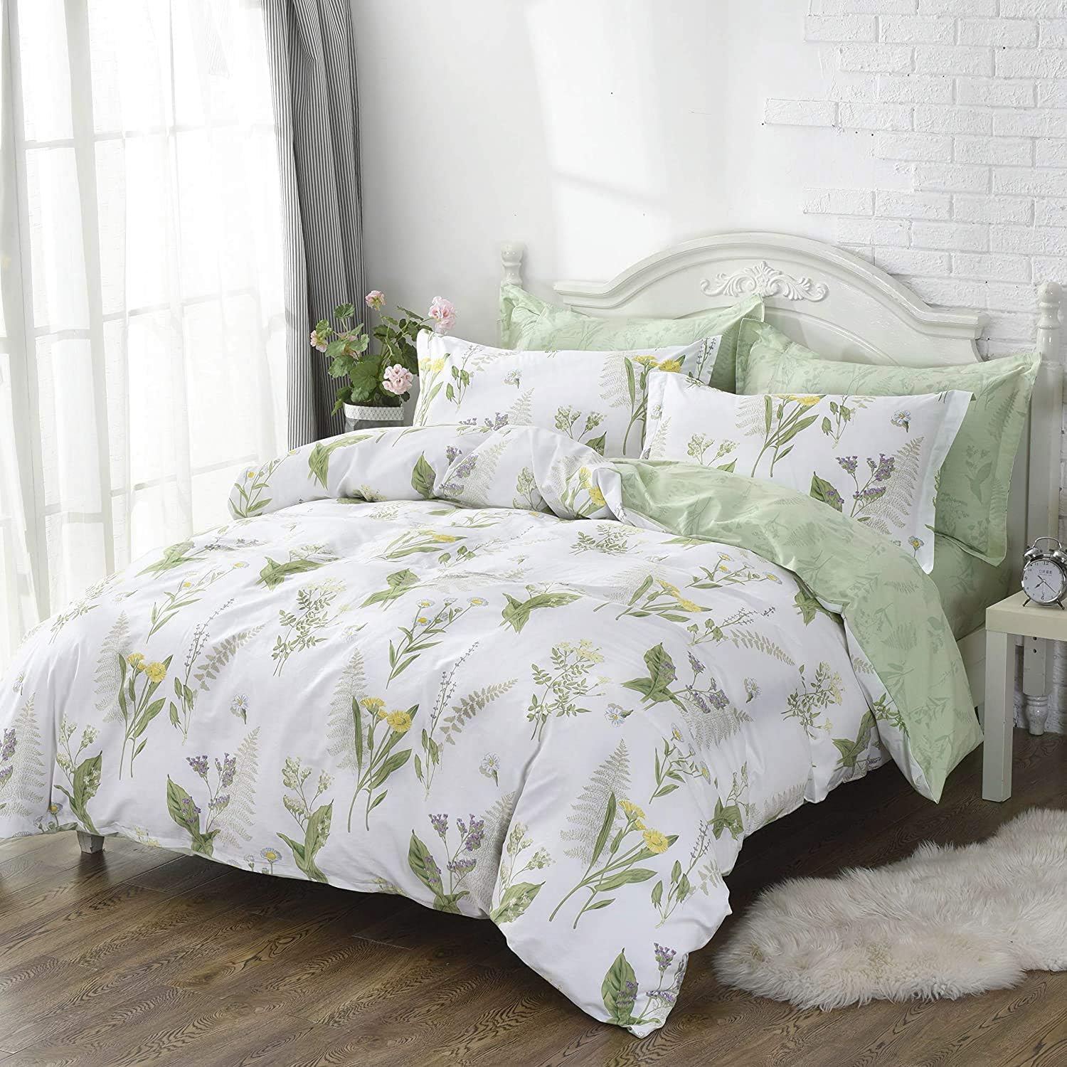 FADFAY Duvet Cover Set Queen Shabby Green Daisy and Lavender Flowers 100% Cotton with Hidden Zipper Closure 3-Piece:1 Duvet Cover & 2 Pillowcases Queen Size