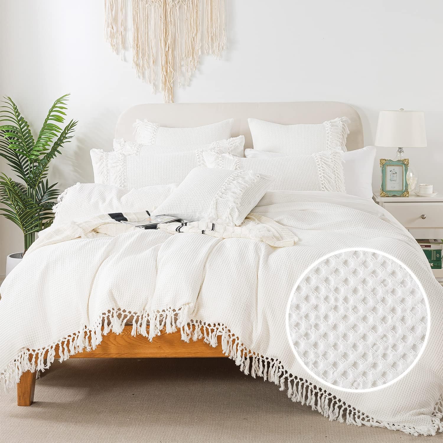 FADFAY Cotton Boho Bedding White Duvet Cover Set King Waffle Weave Coconut White Tassel Comforter Cover Farmhouse Bedding Reversible Washed Cotton Soft Breathable Quilt Covers All Season 3 Pieces