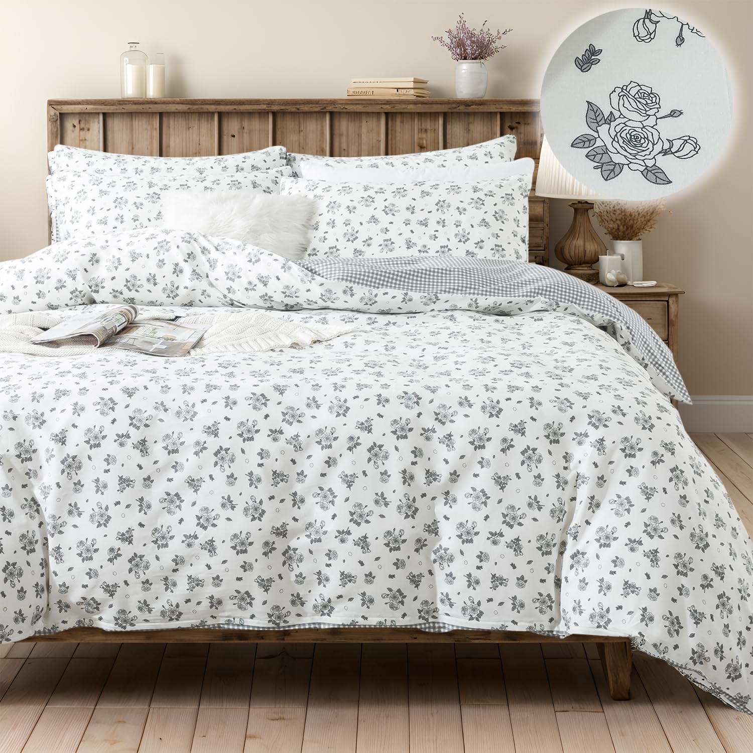 FADFAY Floral Duvet Cover Set Queen Size 100% Cotton Grey White Flower Comforter Cover Soft Breathable Girls Bed Cover Farmhouse Bedding with Hidden Zipper 3 Pcs, Queen