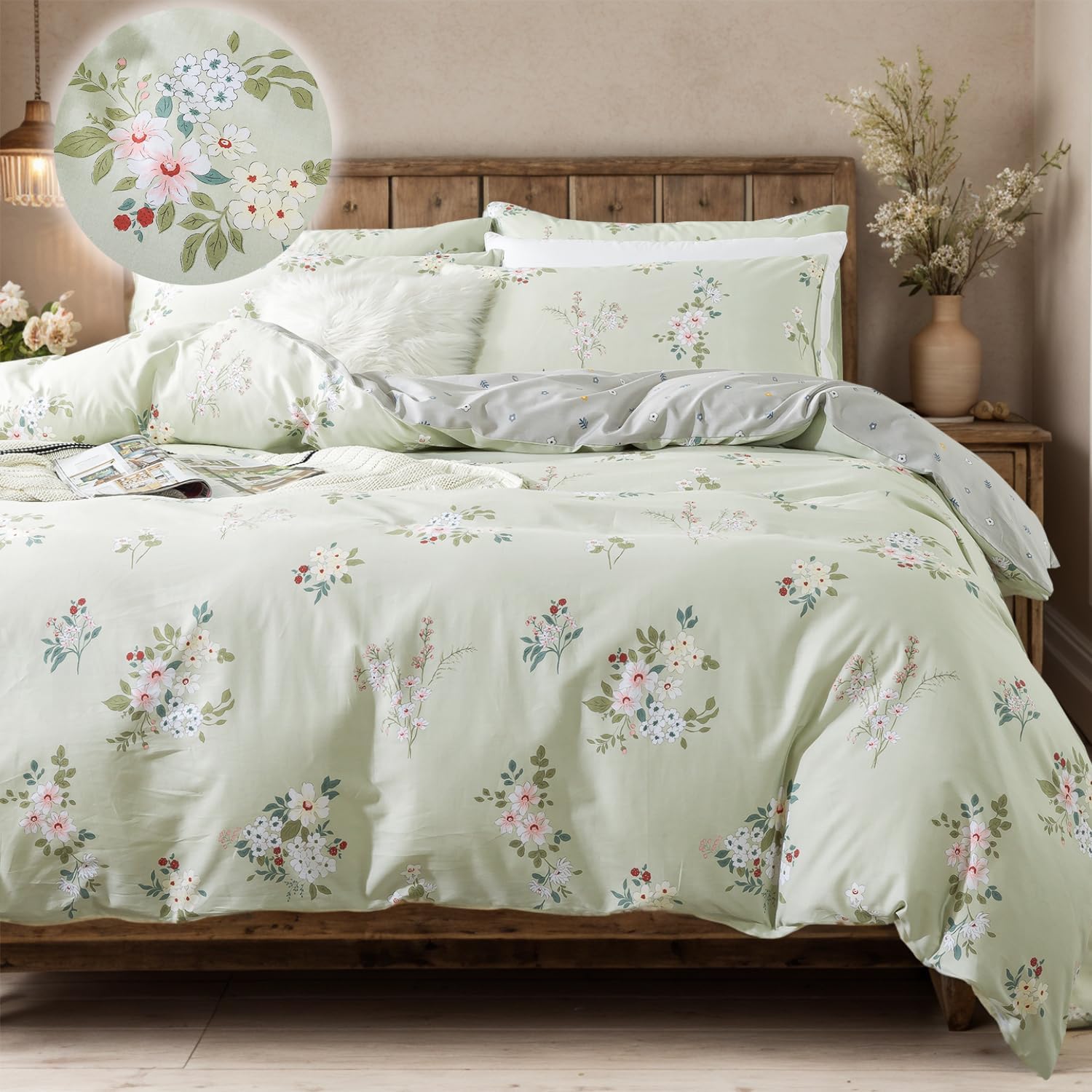FADFAY Queen Duvet Cover Set Floral Comforter Cover 100% Cotton Girls Vintage Flower Bedding Garden Style Farmhouse Bedding for All Season Soft Bedding with 2 Pillowcases, Queen