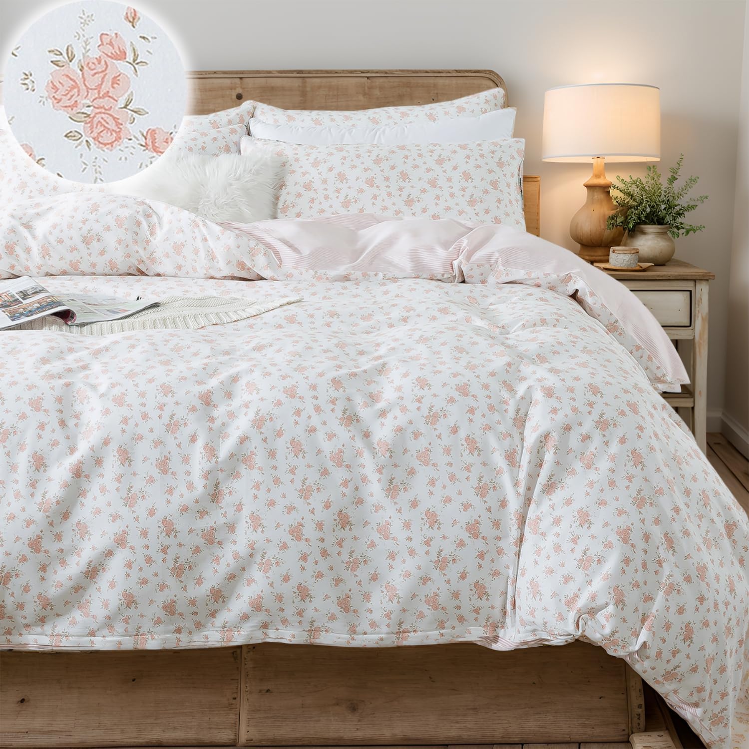 FADFAY Queen Duvet Cover Set Pink Floral Comforter Cover 100% Cotton Girls Pink White Flower Bedding Garden Style Blush Bedding for All Season Soft Bedding with 2 Pillowcases, Queen
