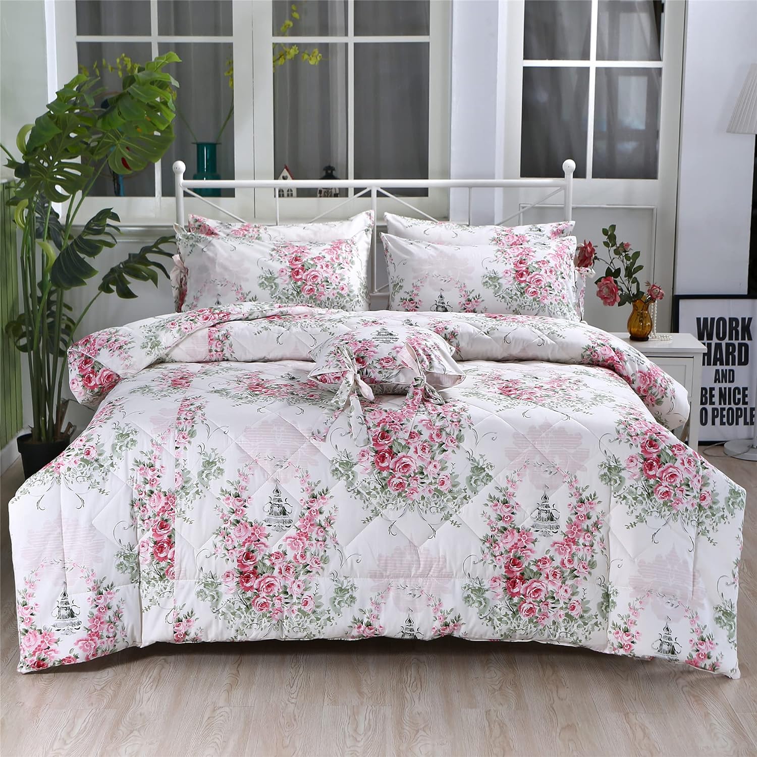 FADFAY 3Pcs Pink Rose Floral Comforter Set Twin Vintage Floral Summer Quilt 100% Cotton Fabric with Soft Microfiber Inner Fill Bedding Lightweight Reversible All Season Down Alternative Duvet Insert