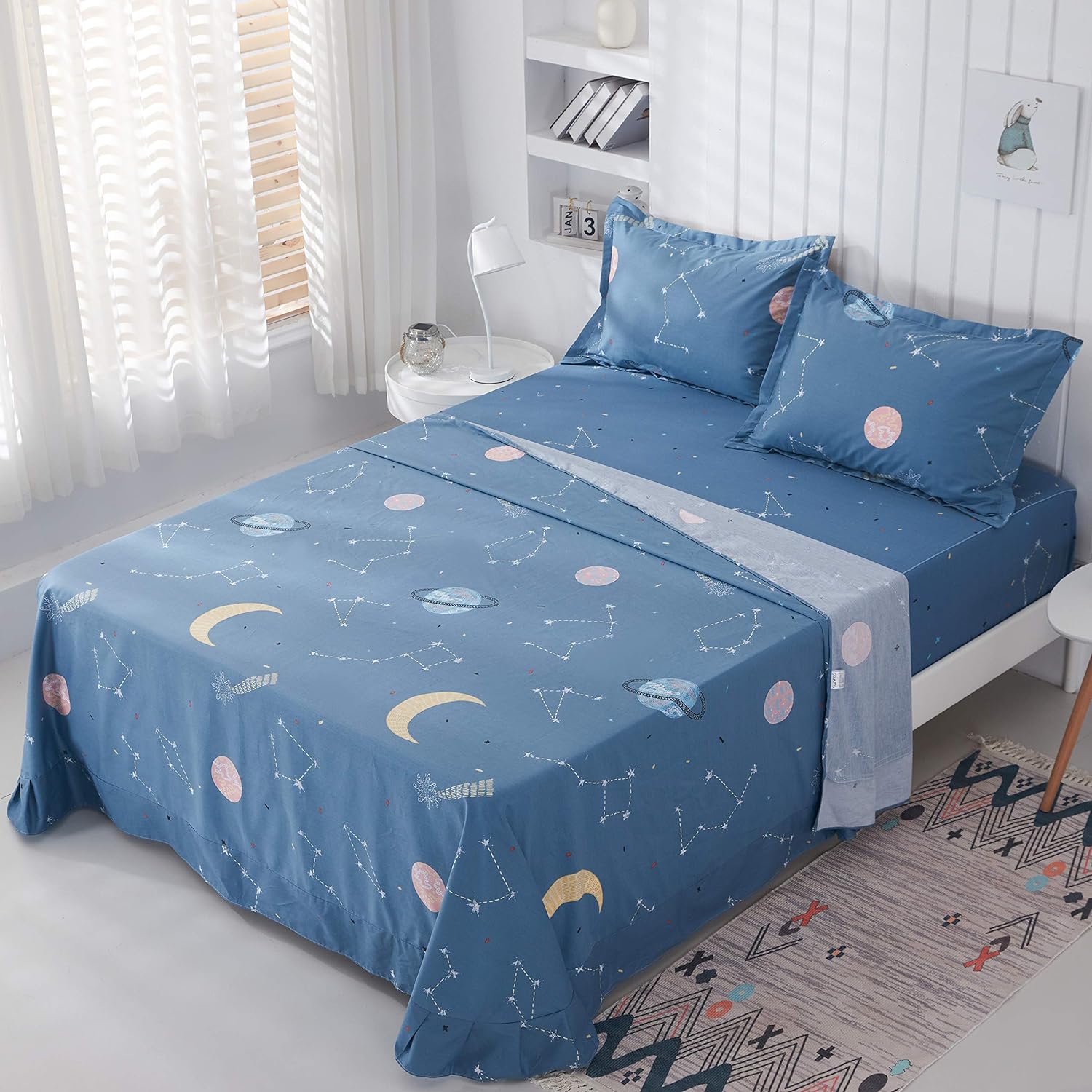 FADFAY Planet Star Constellation Sheets 100% Cotton Universe Space Bed Sheet Set Twin Meteor Moon Printed Sheet Set Boy Girls Kids Teen Navy Deep Pocket Fitted Sheet 4 Piece