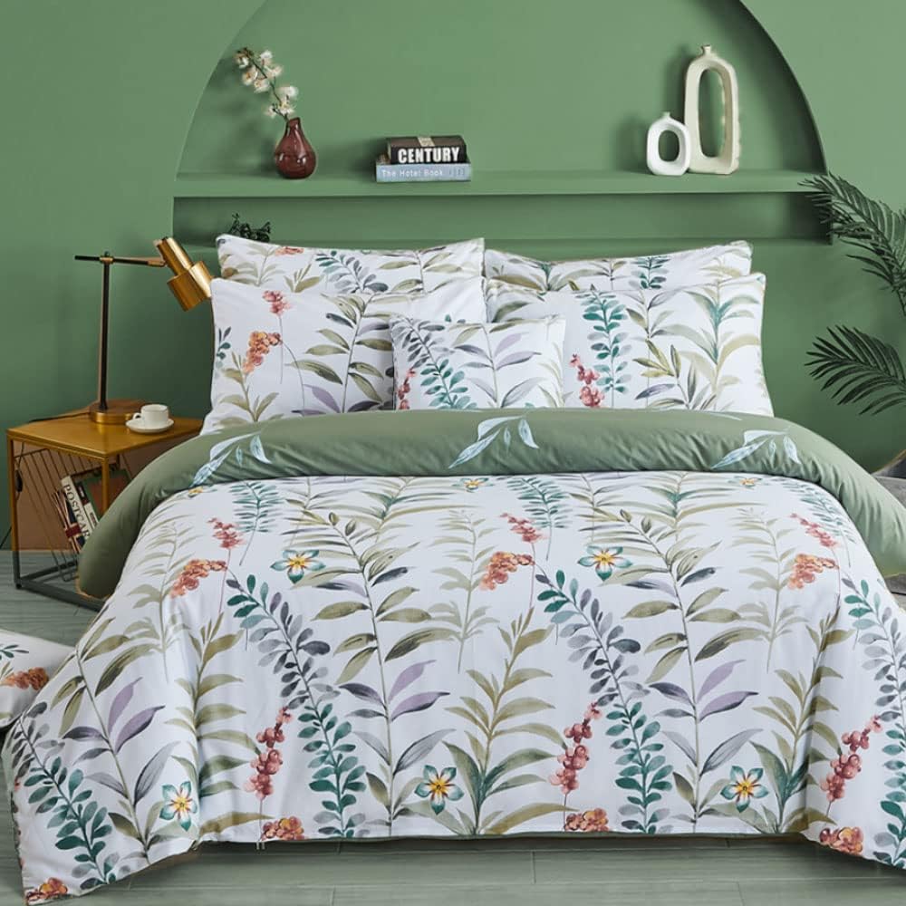 FADFAY Sage Green Duvet Cover Twin Size, 100% Cotton 600 TC Floral Leaves Bedding Branches Printed Farmhouse Bed Cover Super Soft Reversible Botanical Flower Bed Sets 3 Piece, Twin