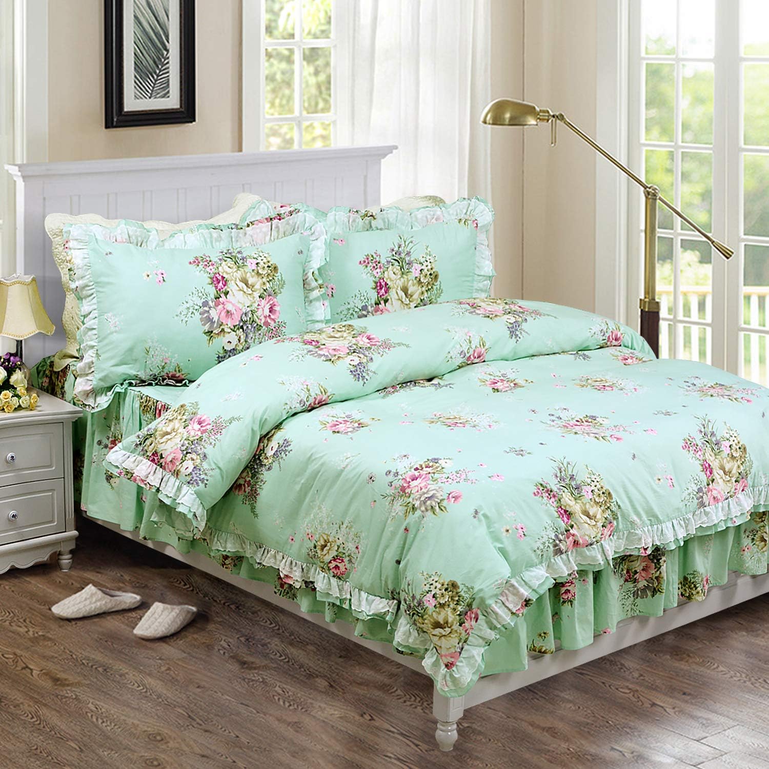FADFAY Shabby Green Floral Bedding 100% Cotton Princess Lace Ruffle Girls Duvet Cover Set with Bedskirt, 4Pcs, Twin Size