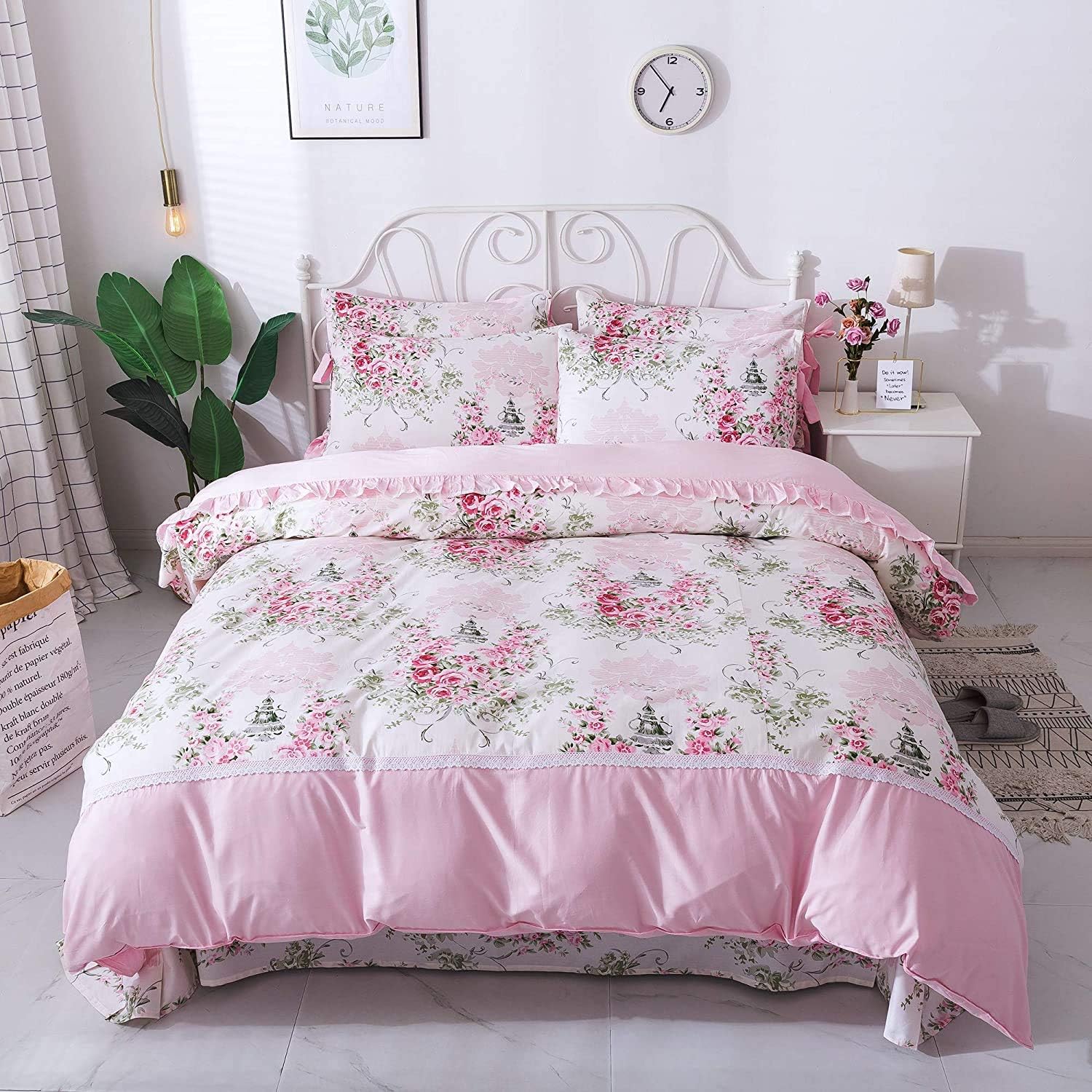 FADFAY Rosette Floral Duvet Cover Sweet Pink Girls Bedding Set 100% Cotton Ultra Soft Bed Sheets Set,5Pcs (1 Duvet Cover +1 Fitted Sheet+ 1 Flat Sheet +2 Standard Pillowcases), Twin Size