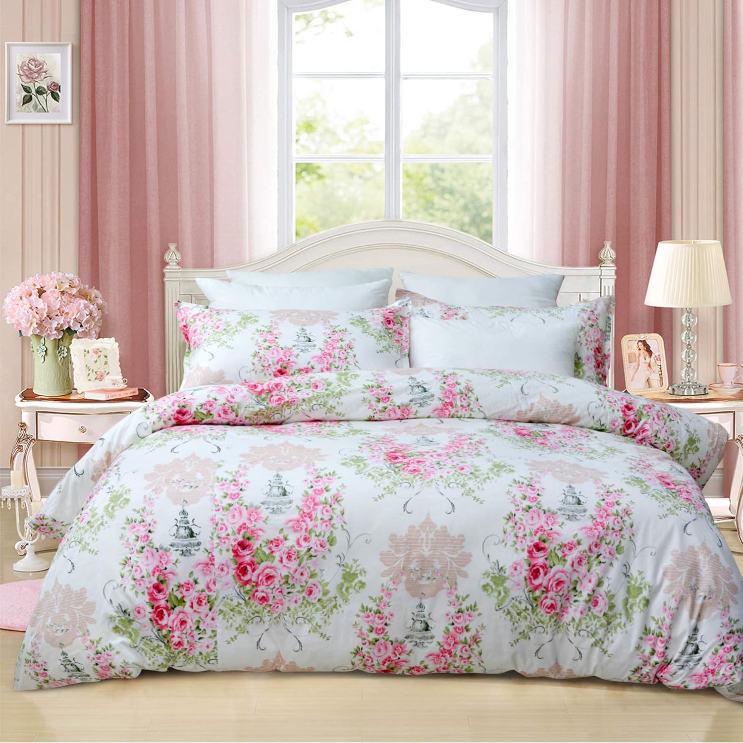 FADFAY 3 Pieces Twin Size Pink Rose Floral Duvet Cover Set 100% Cotton Girls Women Bedding Sets with Hidden Zipper Closure (1 Duvet Cover, 2 Pillowcases)