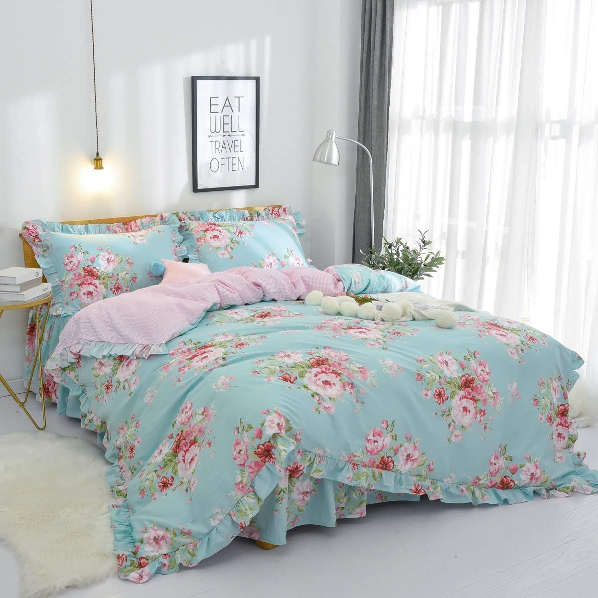 FADFAY 4-Piece Twin Size Dorm Bedding Floral Bed Set for Girls 100% Cotton Ruffled Duvet Cover Set Soft Breathable Skin-Friendly Bed Skirt Sets Garden Style All-Season Use