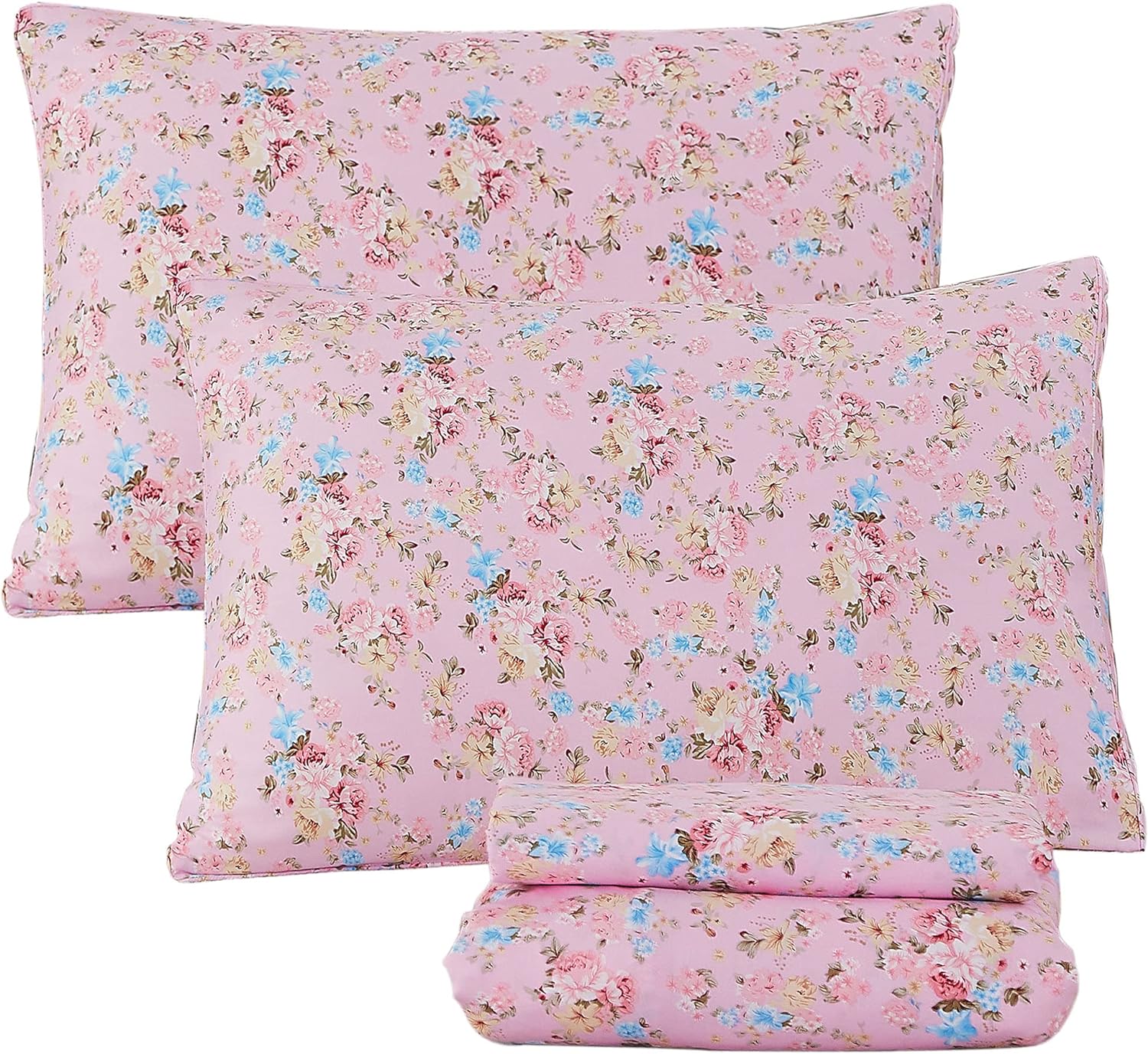 FADFAY Sheets Set Queen Elegant Rose Floral Bedding Shabby Pink Flower Bed Sheet Set Vintage Farmhouse Bedding 100% Cotton Ultra Soft Girls Bedding with Deep Pocket Fitted Sheet 4Pcs, Queen Size