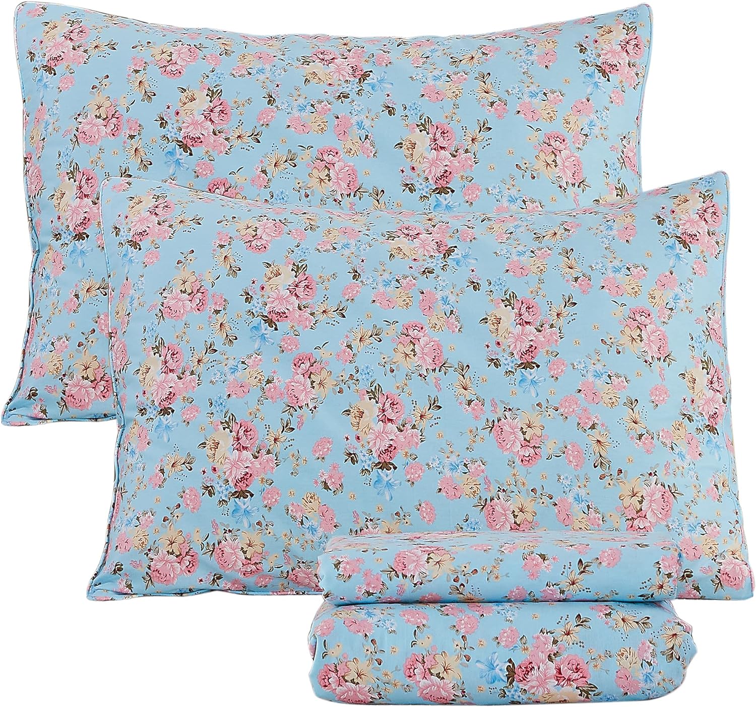 FADFAY Vintage Rose Floral Sheets Set Queen Shabby Blue and Pink Girls Floral Bedding Elegant Romantic Farmhouse Bedding 100% Cotton Super Soft Bedding with Deep Pocket Fitted Sheet 4Pcs, Queen Size
