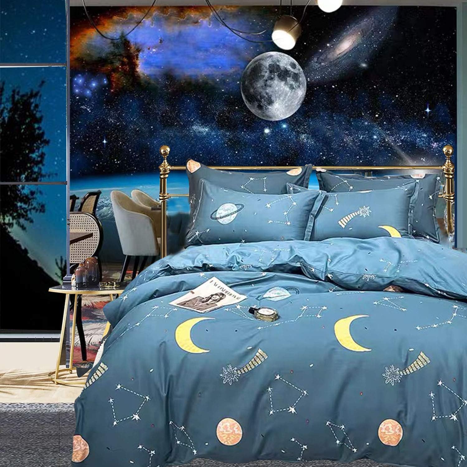 FADFAY Galaxy Bedding Twin 100% Cotton Boys Universe Space Constellation Duvet Cover Meteor Moon Star Printed Bed Set Soft Reversible Zipper Bedding 3 Pcs Navy BlueNo Filling