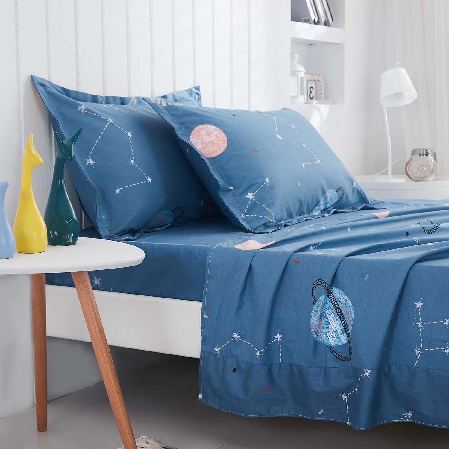 FADFAY Planet Star Constellation Sheets 100% Cotton Universe Space Bed Sheet Set Queen Meteor Moon Printed Sheet Set Boy Girls Kids Teen Navy Deep Pocket Fitted Sheet 4 Piece