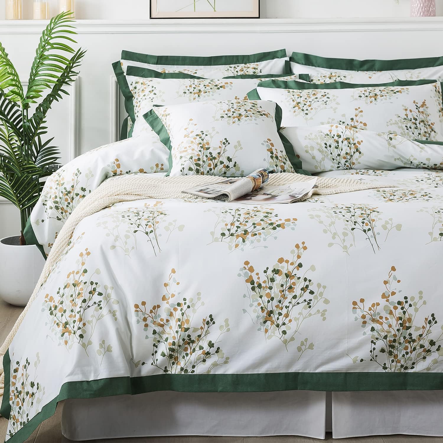 FADFAY White Printed Duvet Cover Set Twin Luxury American Vintage Aesthetic Bedding Botanical Leaf Pattern 100% Percale Cotton Green Quilt Cover Cottagecore Reversible Comforter Cover & Zipper 3Pcs