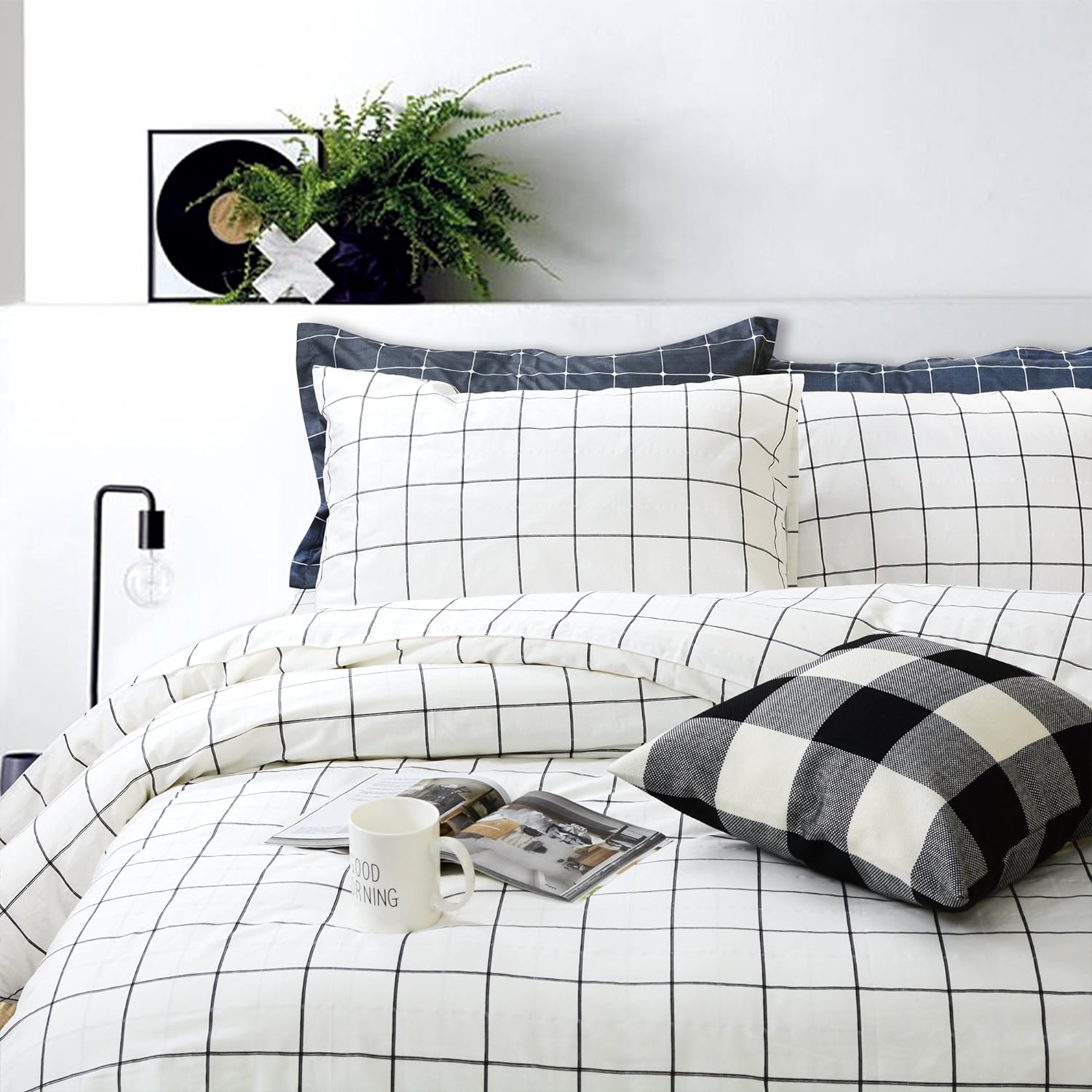 FADFAY Black and White Grid Duvet Cover Sets Lightweight Cotton Bedding Set Lattice Checkered Reversible White Duvet Cover Bedding Collection 3 Pieces,1duvet Cover & 2pillowcases,Queen Size