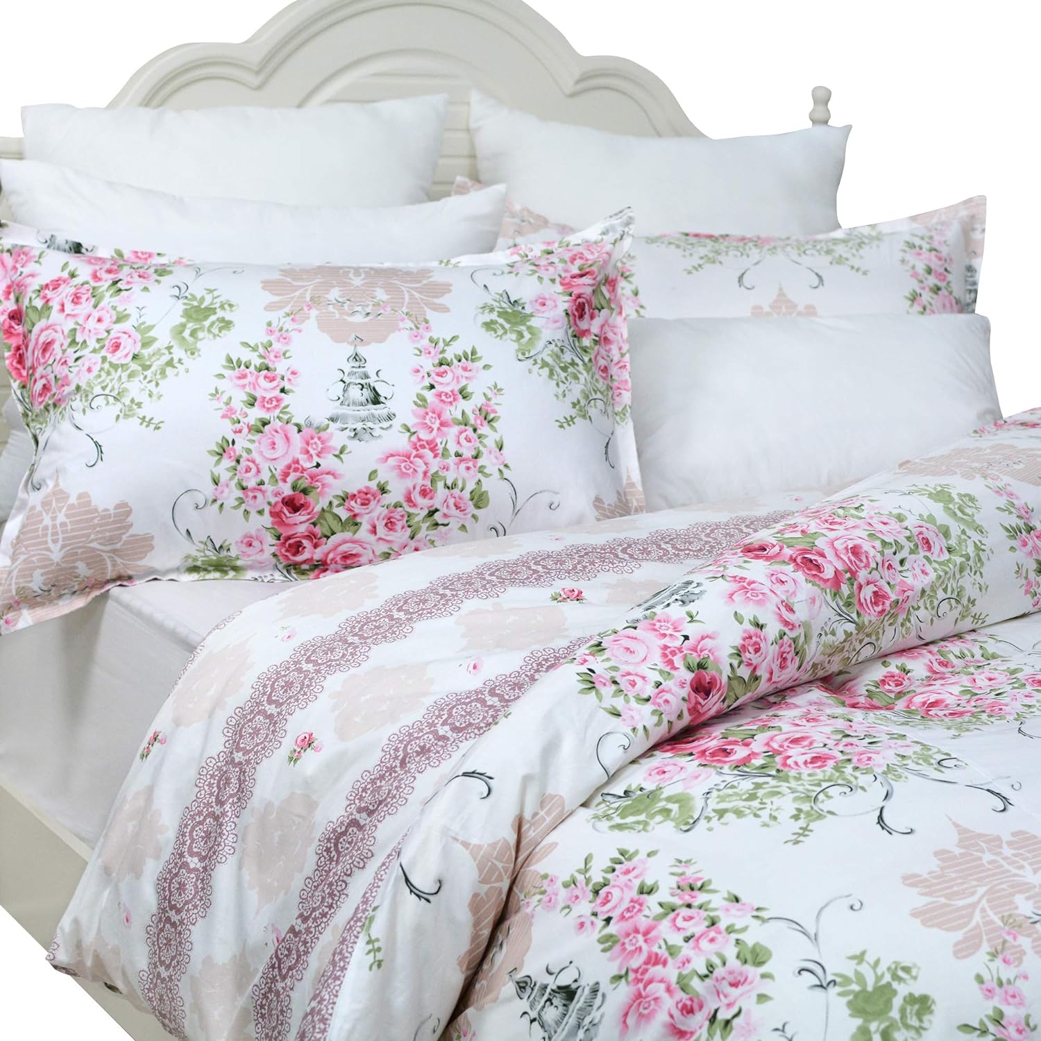 FADFAY Pink Rose Floral Duvet Cover Set 100% Cotton Girls Bedding with Hidden Zipper Closure 3 Pieces, 1duvet Cover & 2pillowcases,Queen Size