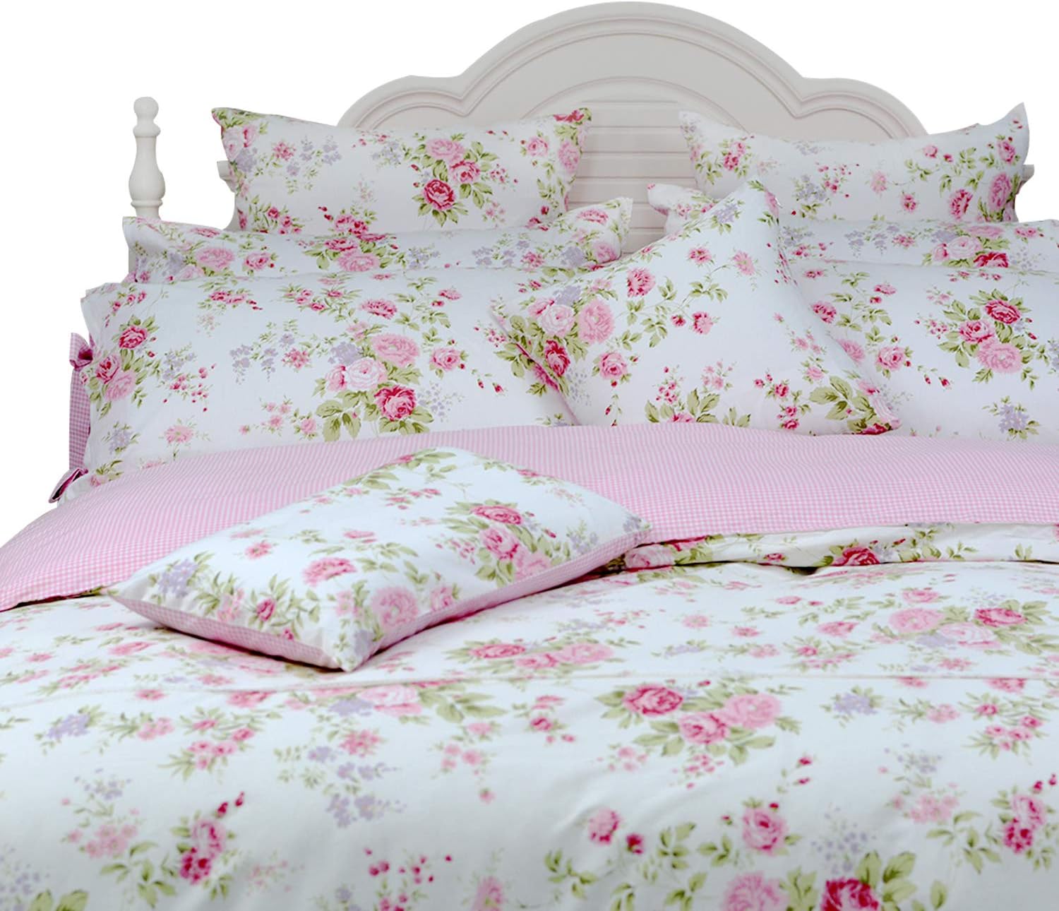 FADFAY Rose Floral Duvet Cover Set Pink Grid Cotton Girls Bedding with Hidden Zipper Closure 3 Pieces, 1duvet Cover & 2pillowcases,Queen Size