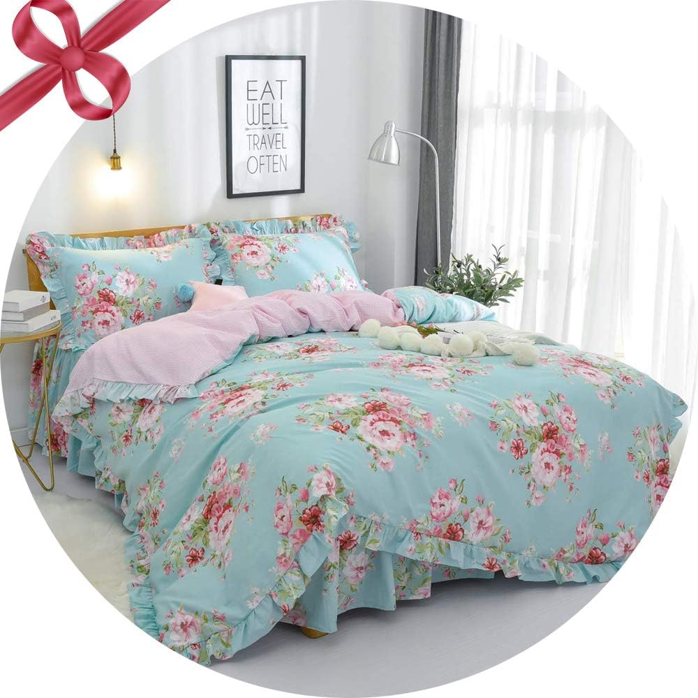 FADFAY Farmhouse Shabby Pink Floral Chic Bedding Set Rose Floral Bedskirt Set 100% Cotton Exquisite Craft Ultra Soft 4-Piece Queen Size