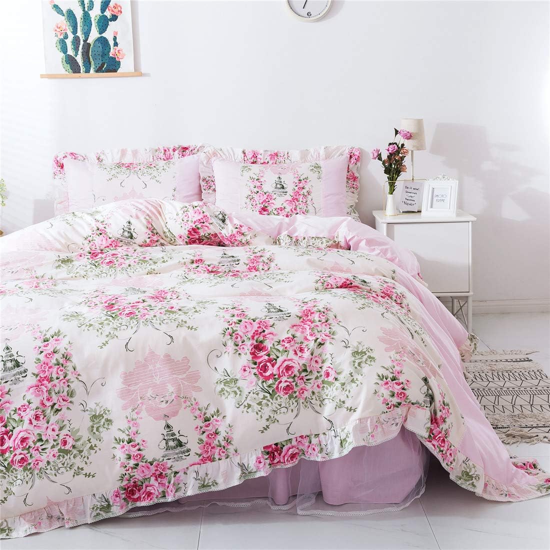 FADFAY Floral Bedskirt Set Lace Bedding Pink Duvet Cover Set Rose Printed 100% Cotton Queen House Bedding Sets for Girls Women (4-Piece, Queen, Pink)