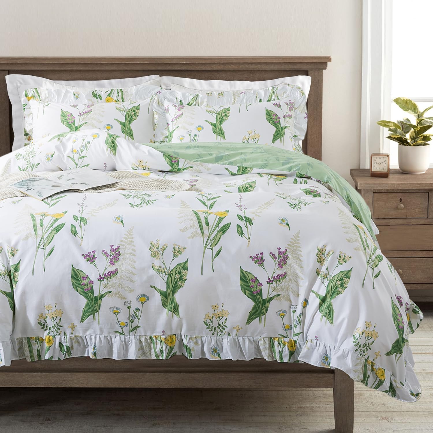 FADFAY Floral Duvet Cover Set Queen Size 100% Cotton Green Botanical Comforter Cover Lavender Daisy Flower Leaf Pattern French Country Bedding Soft Breathable Ruffle Bed Covers 3 Pcs, Queen