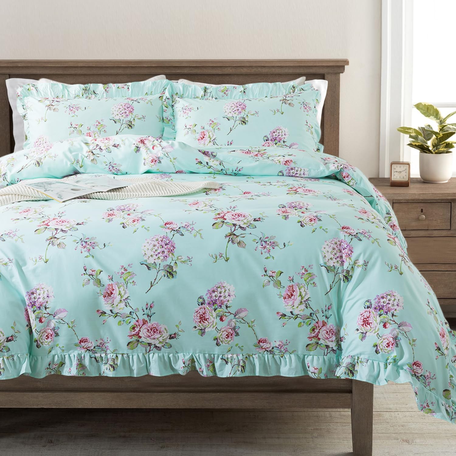 FADFAY Floral Duvet Cover Set Queen Size 100% Cotton French Country Bedding Hydrangea Flower Comforter Set Soft Breathable Shabby Vintage Ruffle Bed Cover with Hidden Zipper 3 Pcs, Queen