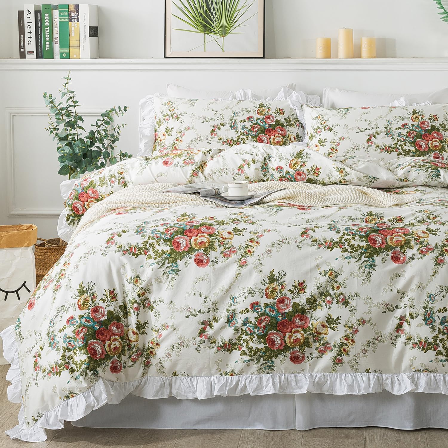 FADFAY Floral Duvet Cover Set Queen Size 100% Cotton Ruffle Vintage Rose Comforter Cover Set, Red Teal Flower Printed Off White Girls Shabby Bed Covers,Soft and Breathable Queen Size, 3 Pcs