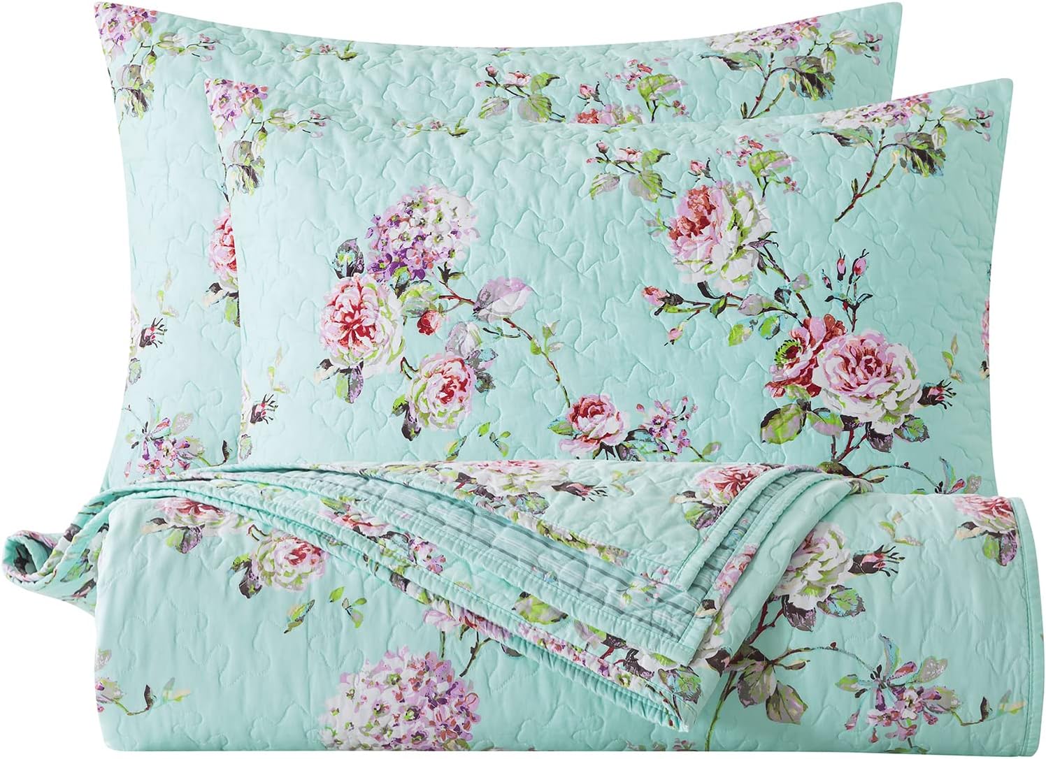 FADFAY Floral Cotton Quilt Sets King Soft Lightweight Bedspreads All-Season, 90x98'' Hydrangea Peony Pattern Reversible Shabby Bedding Greenish Blue Farmhouse Coverlet 2 with Pillowshams, 3 Pcs