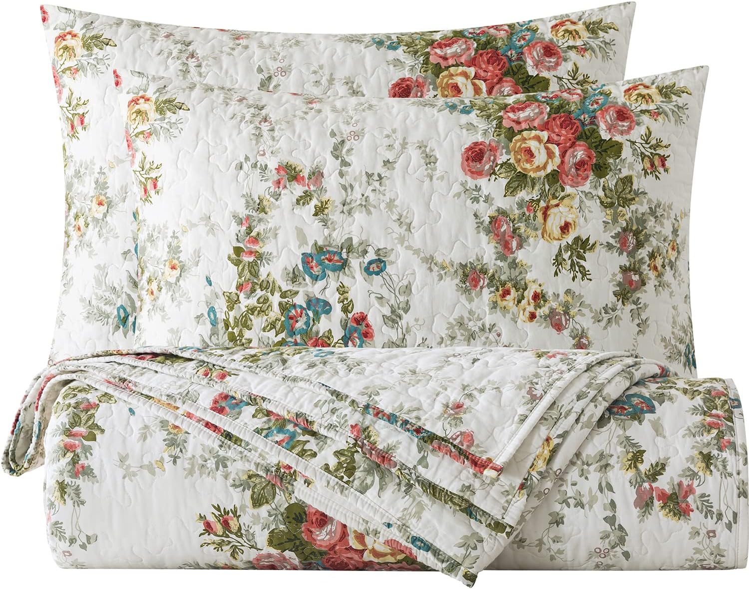FADFAY Vintage Rose Quilt Sets King Cotton Shabby Floral Lightweight Bedspreads All-Season, 106x95'' Chic Flower Print Cream White Farmhouse Coverlet Antique Bedding with 2 Pillow Shams, 3 Pcs