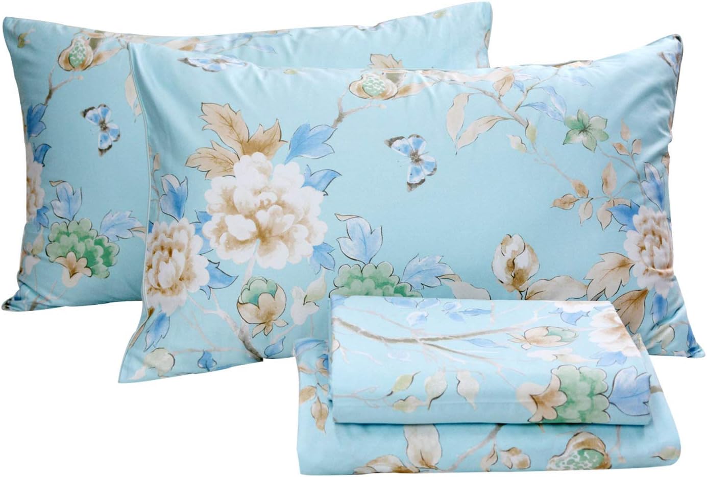 FADFAY Floral Bedding Shabby Blue Bird Print Bed Sheet Set Luxury Bedding Collections 800 Thread Count 100% Egyptian Cotton Deep Pocket, 4 Piece-Twin Size