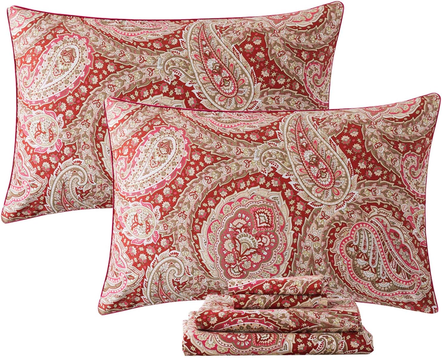 FADFAY Luxury Paisley Sheets Set Twin Classy Red and Gold Floral Farmhouse Bedding Elegent Red Paisley Bedding Set 100% Cotton Super Soft Hypoallergenic Deep Pocket Fitted Sheet 4-Pieces, Twin Size