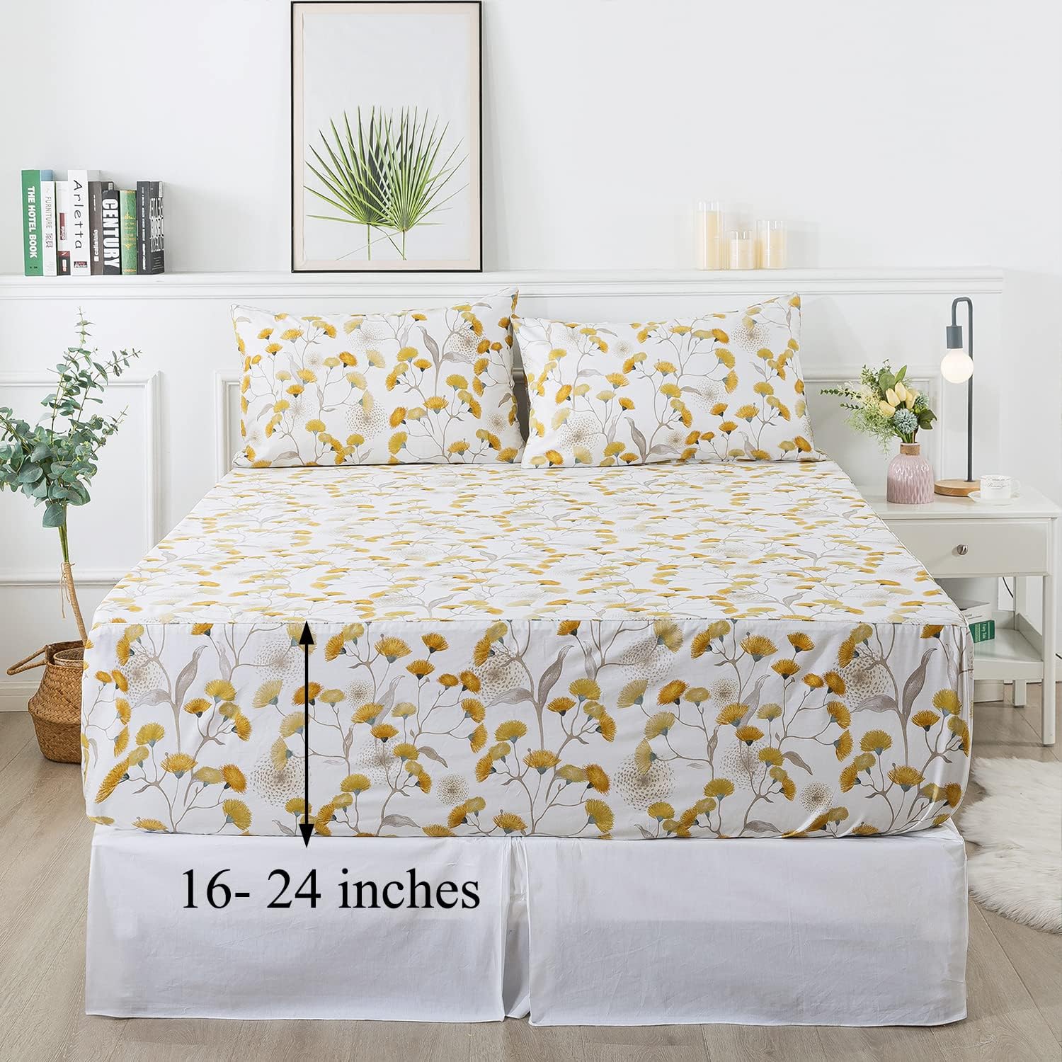 FADFAY Extra Deep Pocket Twin Sheets 100% Cotton Yellow and Grey Bedding White Floral Botanical Dandelion Printed Bed Sheets Luxury Leaf Branches Pattern Nature Super Soft 18 to 23 inches 4Pcs, Twin