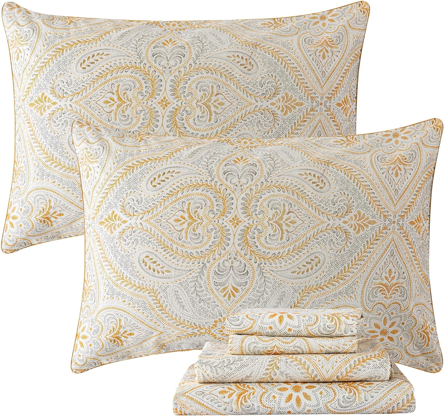 FADFAY Luxury Sheets Set Twin Classical Damask Paisley Bedding Luxurious Gold Classy Paisley Bed Sheet Set Breathable 100% Cotton Ultra Soft Hypoallergenic Deep Pocket Fitted Sheet 4Pcs, Twin Size