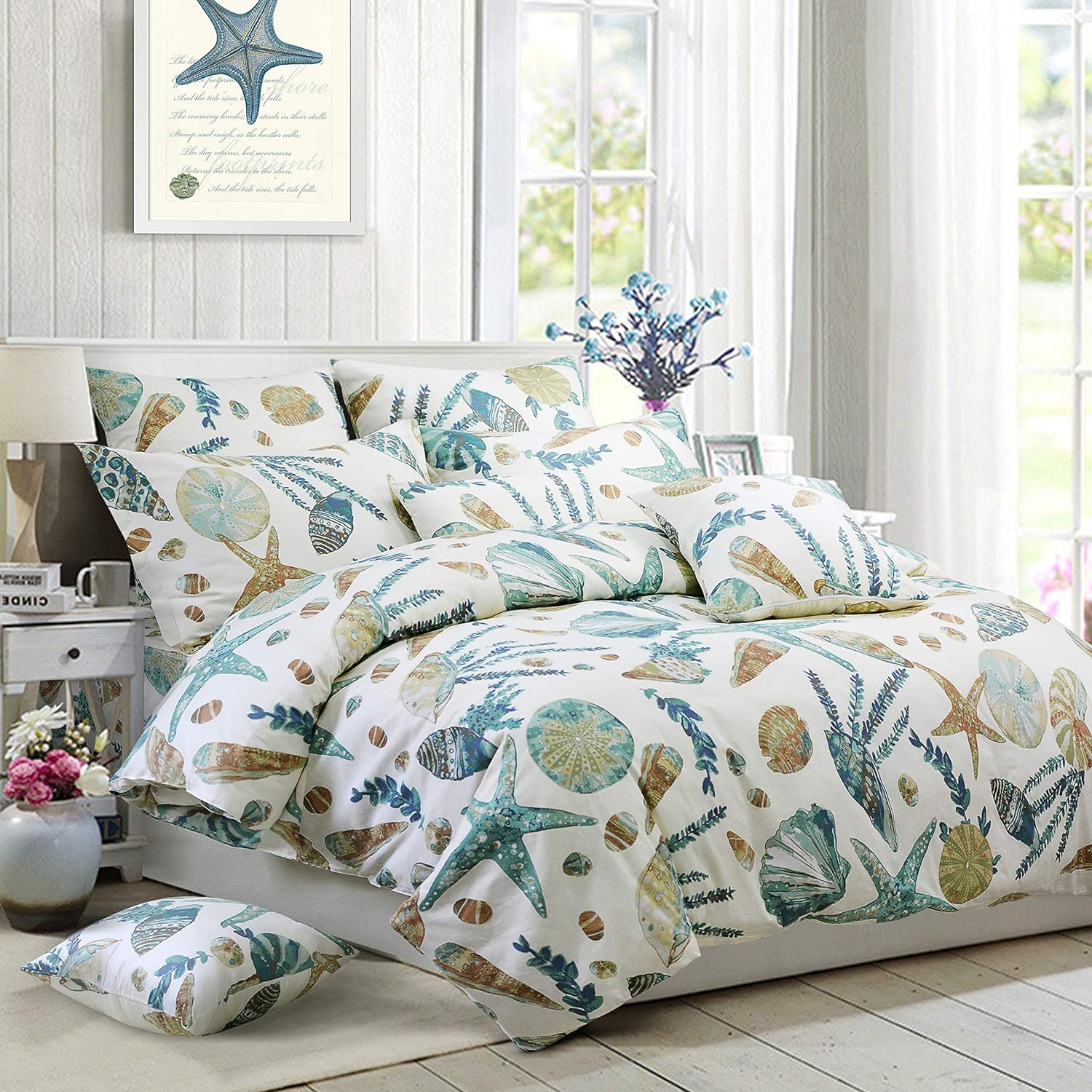 FADFAY Duvet Cover Set Twin Beach Themed Bedding Sets 100% Cotton Super Soft Coastal Bedding White Teal Seashells and Starfish Nautical Bedding with Hidden Zipper Closure 3 Pieces Twin Size