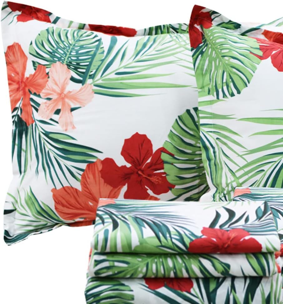 FADFAY Cotton Green Bed Sheets Set Floral Tropical Bedding Hawaiian Red Hibiscus Flower Palm Leaves Hypoallergenic Soft Deep Pocket Fitted Sheet 4-Pieces Twin Size