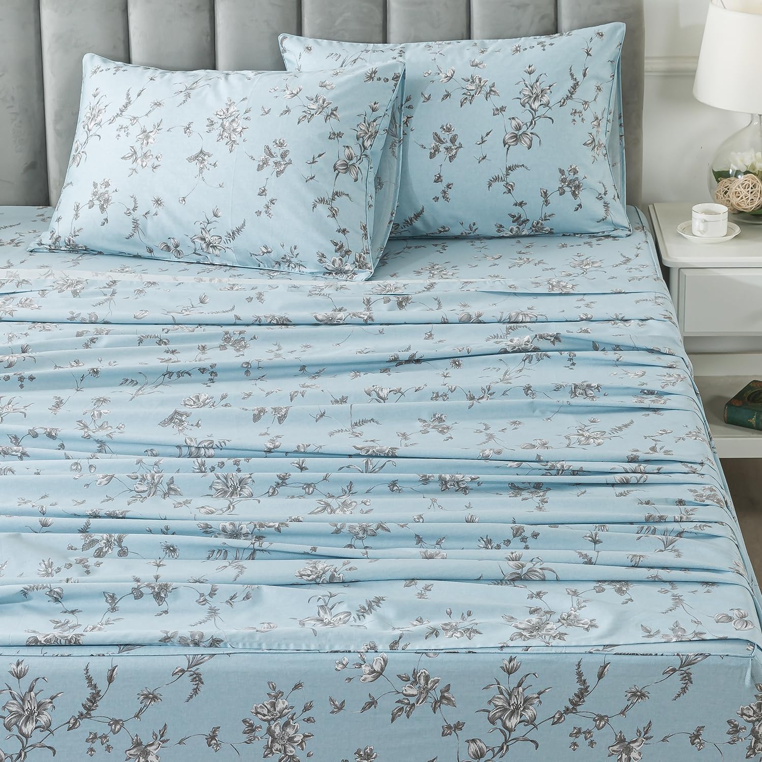 FADFAY Queen Sheet Set Blue Floral Bed Sheets Percale Cotton Shabby Vintage Chic Bedding Grey Flower Printed Sheet All Season Deep Pocket Sheets Luxury Super Soft Breathable Crisp, 4 Pcs