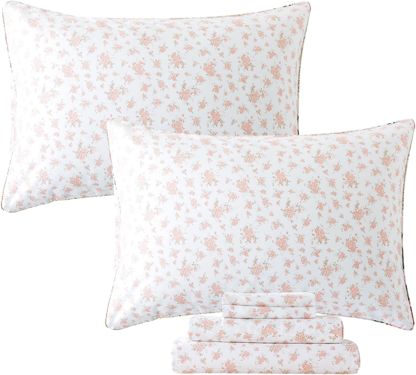 FADFAY Queen Sheet Set Pink Floral Bed Sheets Percale Cotton Shabby Vintage Chic Rose Deep Pocket Sheets Blush Flower Printed Luxury Print Super Soft Breathable for Queen Size Bed 4 Pcs