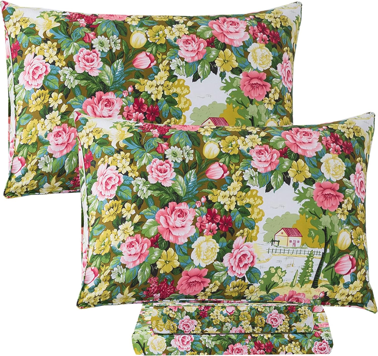 FADFAY Shabby Floral Sheet Set Queen Size 100% Cotton Soft Vintage Garden Flower Green Bed Sheet Anti-Fade Elegant Pink Peony Rose Cottage Printed Deep Pocket Sheet 17.5 inch 4 Piece